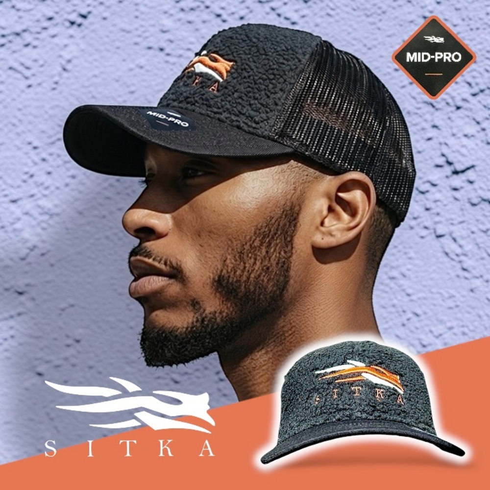 Sitka Fanatic Men’s Black Orange Fleece Front Mid Trucker Hat Sz OS